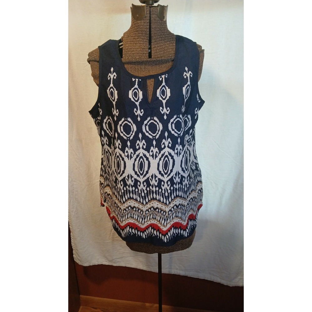 Antilia Femme Navy Blue White Ikat Print Keyhole Sleeveless Blouse Large